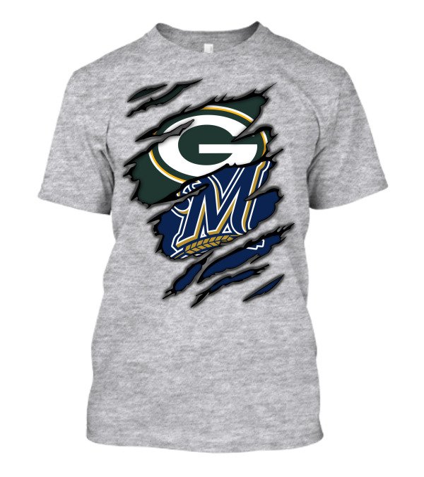 Green Bay Packers Milwaukee Brewers Logos Torn Claw Marks T-Shirt