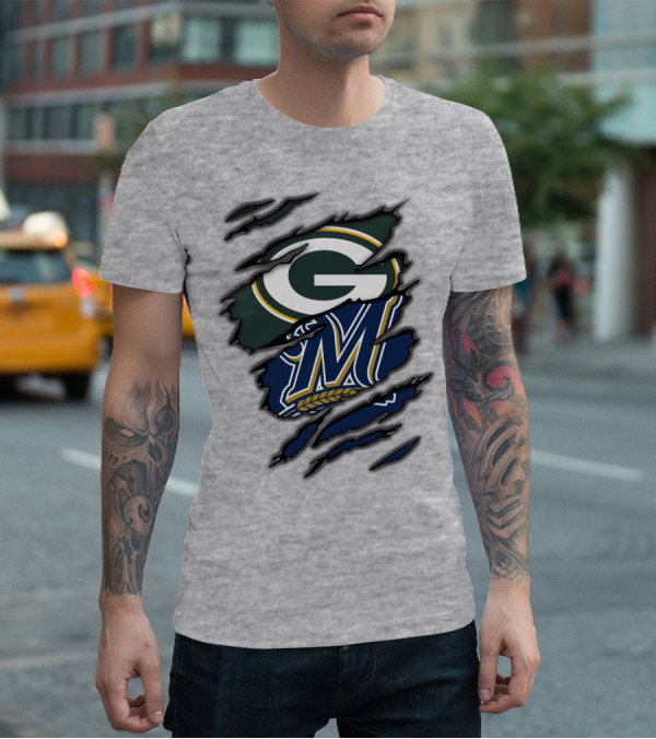 Green Bay Packers Milwaukee Brewers Logos Torn Claw Marks T-Shirt