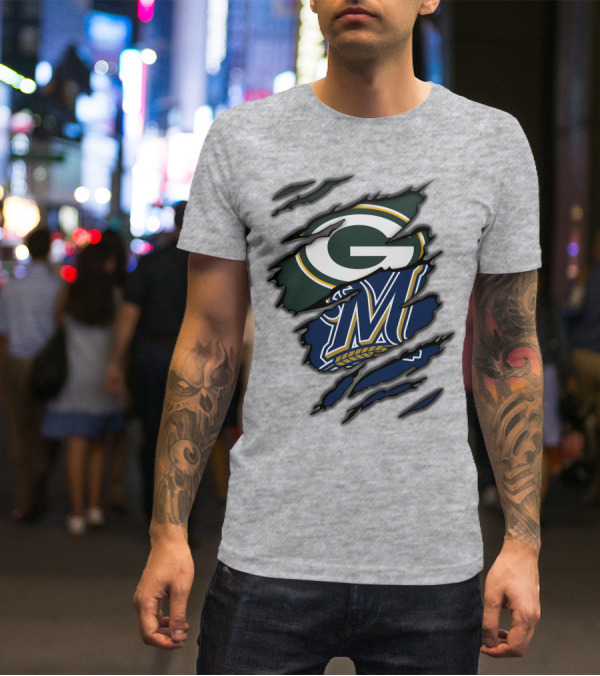 Green Bay Packers Milwaukee Brewers Logos Torn Claw Marks T-Shirt