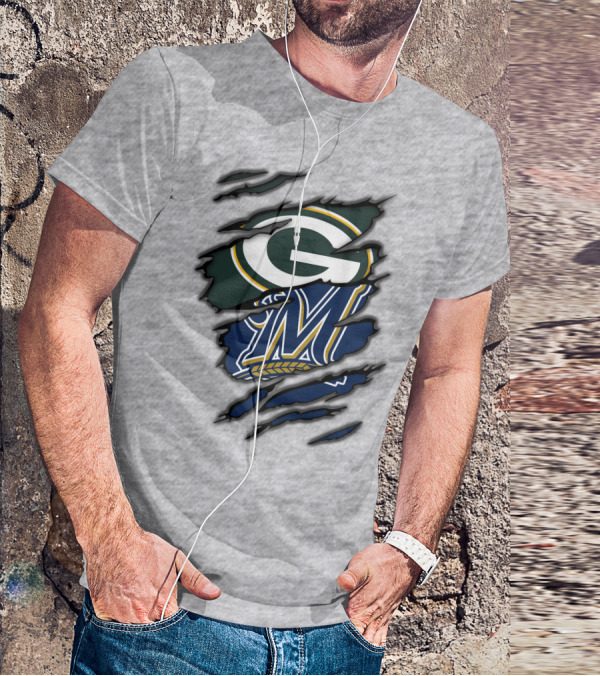Green Bay Packers Milwaukee Brewers Logos Torn Claw Marks T-Shirt