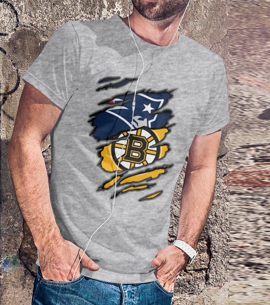 Patriots Bruins New England Football Boston Hockey Fan Collaboration T-Shirt