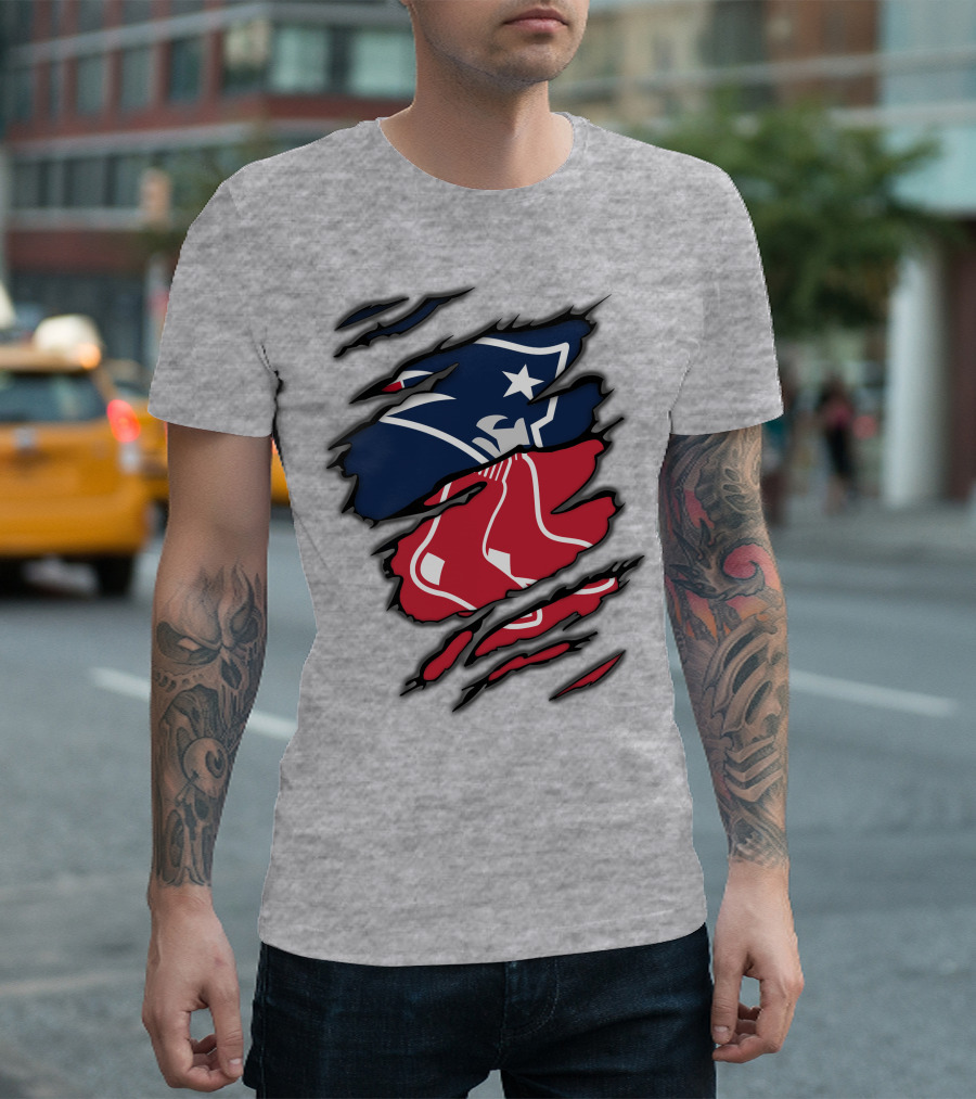 Patriots Red Sox Logo Mashup On Torn Background T-Shirt