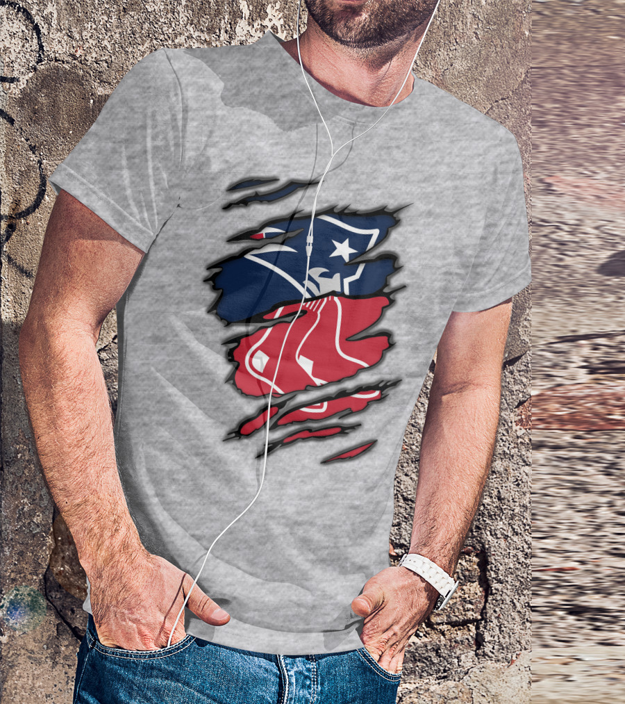 Patriots Red Sox Logo Mashup On Torn Background T-Shirt
