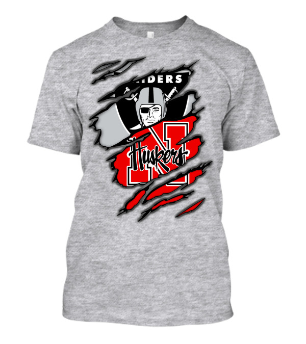 Raiders Huskers Torn Design With Icons And Symbols T-Shirt