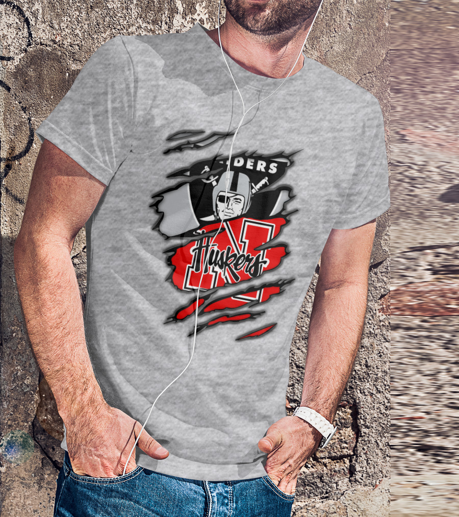 Raiders Huskers Torn Design With Icons And Symbols T-Shirt