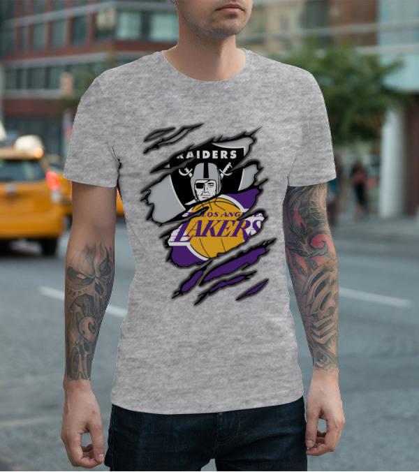 Raiders Los Angeles Lakers Basketball Football Fan Mashup T-Shirt