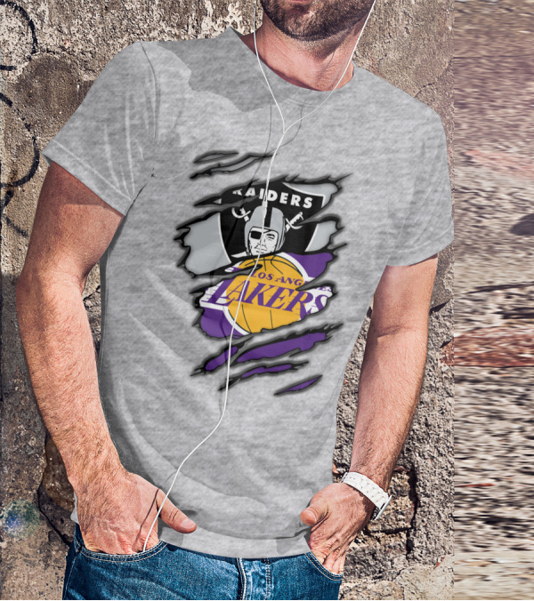 Raiders Los Angeles Lakers Basketball Football Fan Mashup T-Shirt