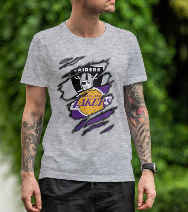 Raiders Los Angeles Lakers Basketball Football Fan Mashup T-Shirt