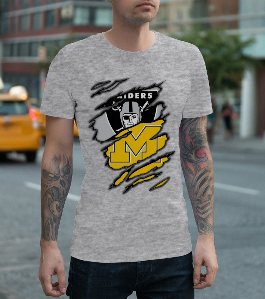 Raiders Logo With Michigan Block M Torn Overlay T-Shirt