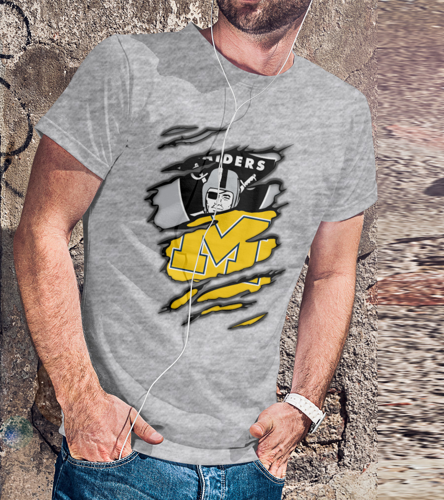 Raiders Logo With Michigan Block M Torn Overlay T-Shirt