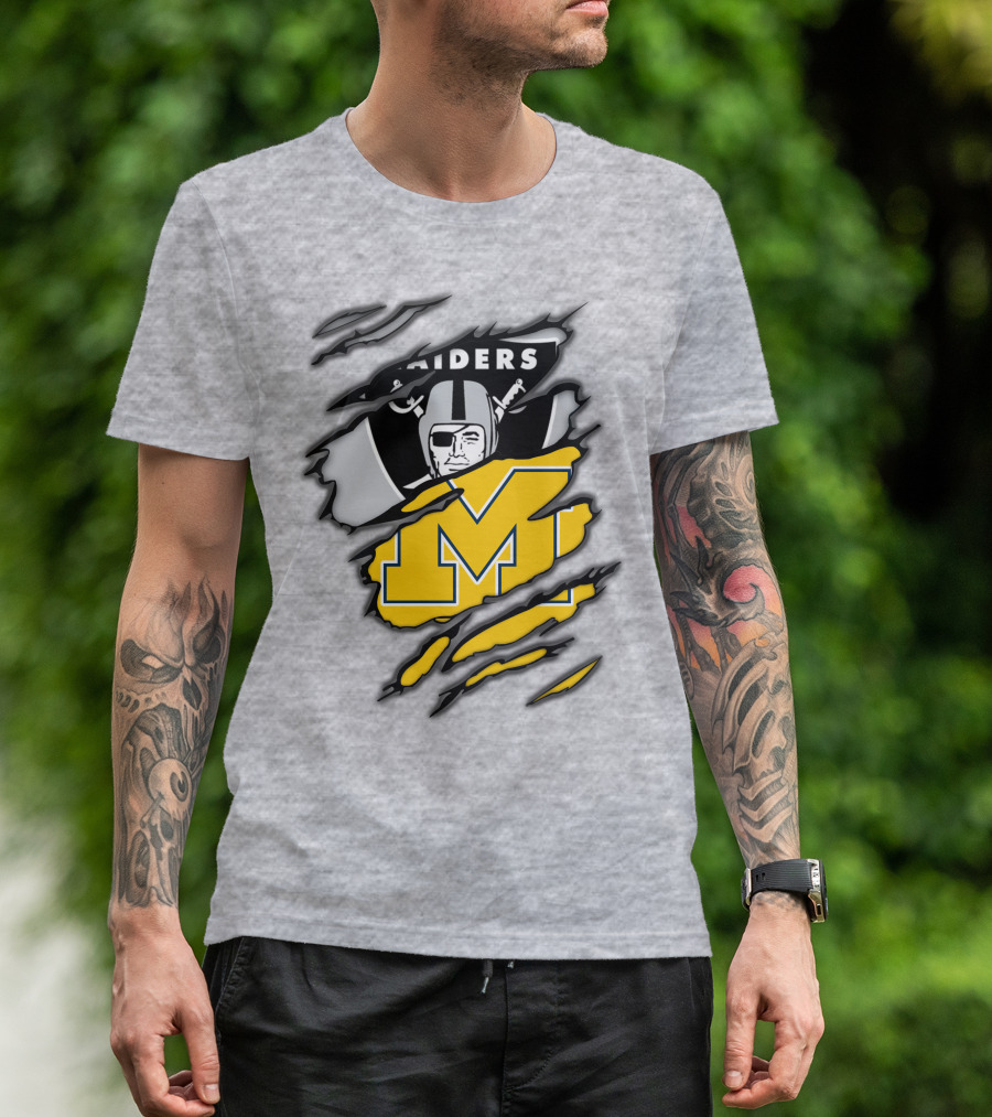 Raiders Logo With Michigan Block M Torn Overlay T-Shirt