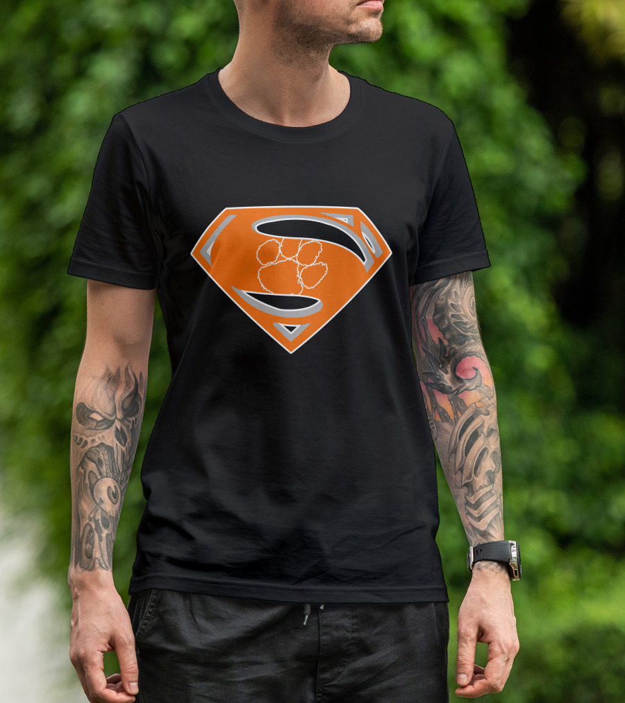 Superman Logo With Clemson Tigers Paw T-Shirt