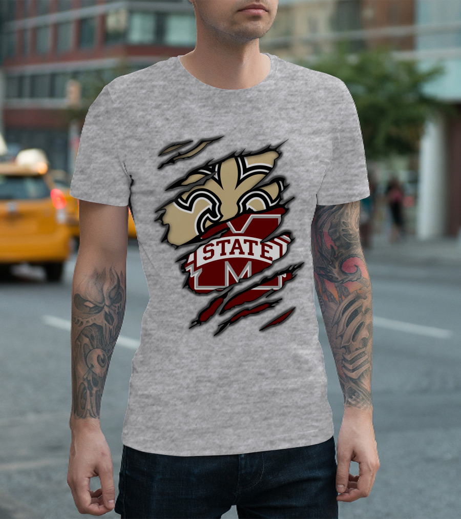 Saints Mississippi State Bulldogs Fleur-de-Lis Logo Combo T-Shirt
