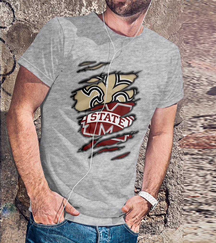 Saints Mississippi State Bulldogs Fleur-de-Lis Logo Combo T-Shirt