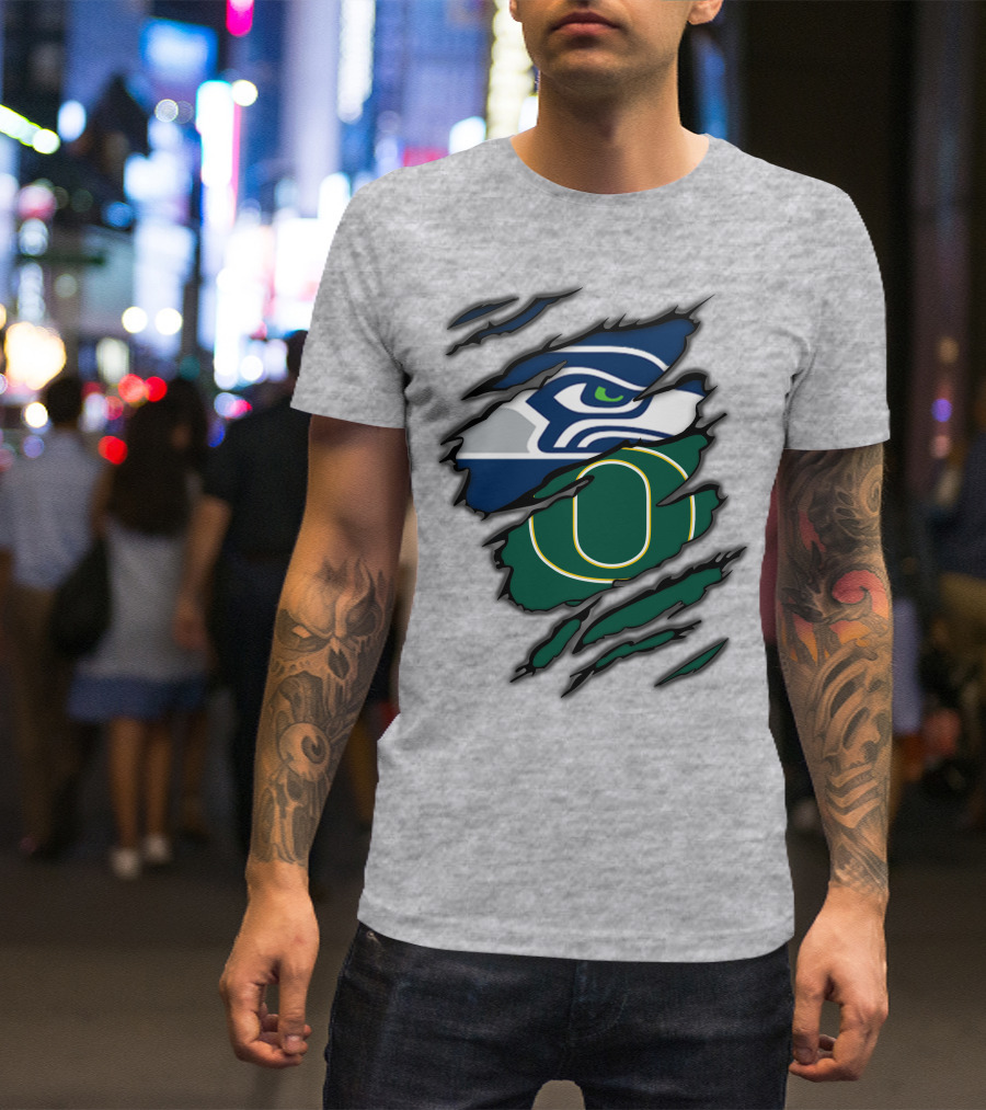 Seahawks Ducks Claw Style Logo Rip Combination T-Shirt