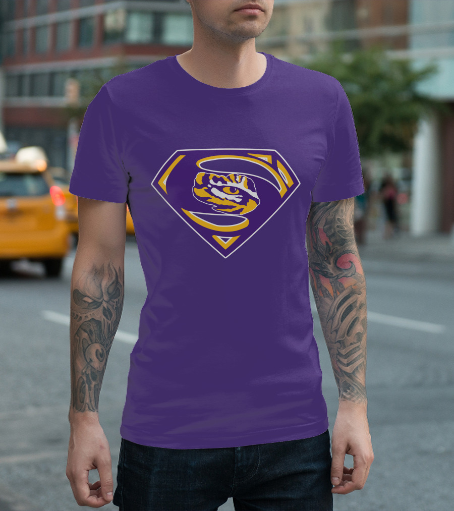 Superman LSU Tigers Logo Purple and Gold Tiger Eye T-Shirt