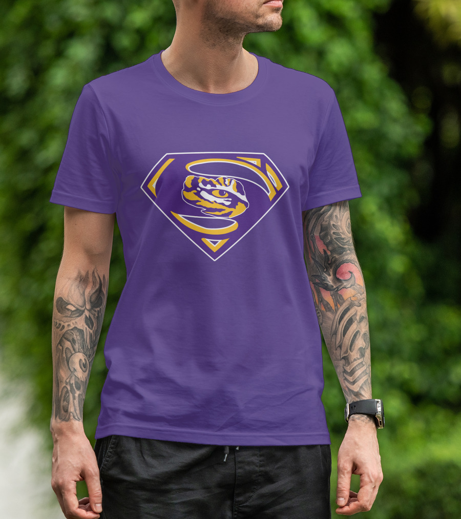 Superman LSU Tigers Logo Purple And Gold Tiger Eye T-Shirt