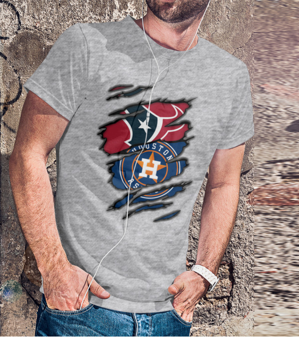 Houston Texans And Astros Logos Ripped T-Shirt