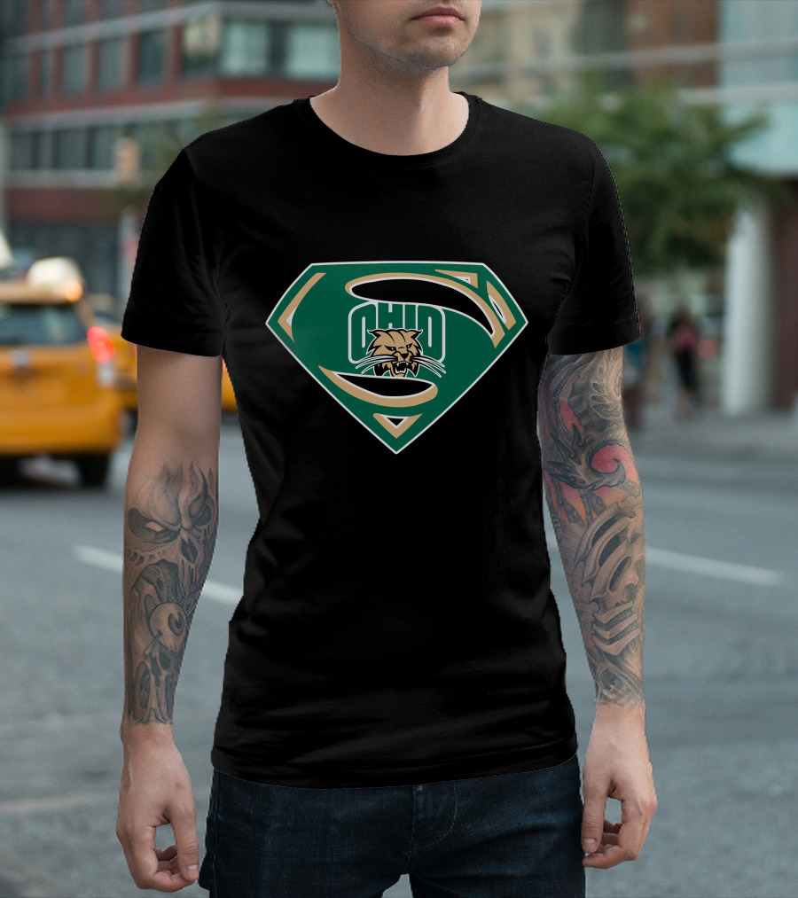 Superman Ohio Bobcats Logo Green And Gold Shield T-Shirt