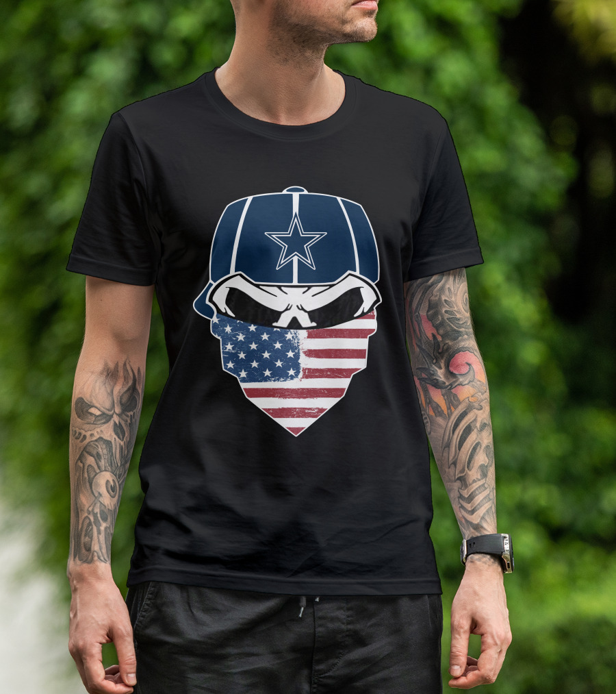 Cowboys Skull With Star Cap And American Flag Bandana T-Shirt