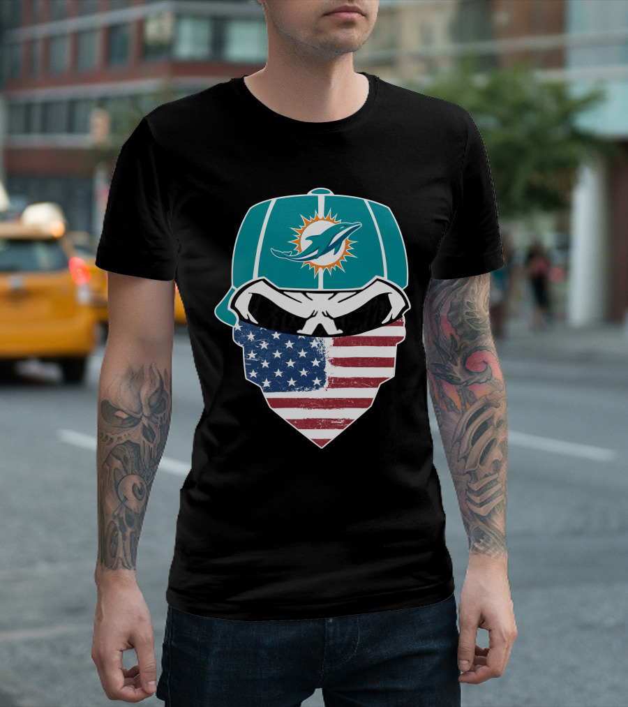 Miami Dolphins Skull American Flag Bandana T-Shirt