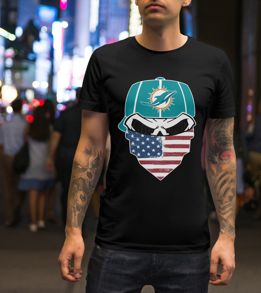 Miami Dolphins Skull American Flag Bandana T-Shirt