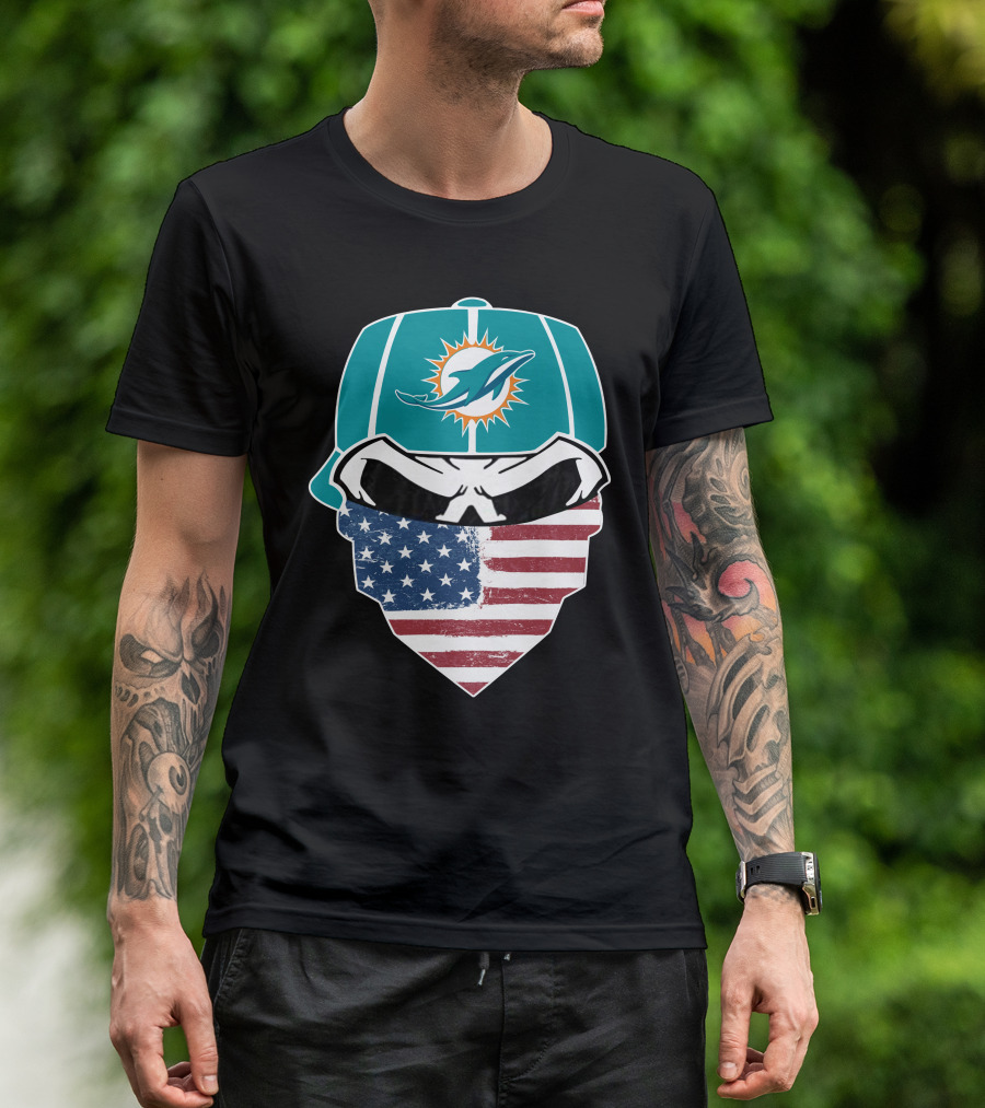 Miami Dolphins Skull American Flag Bandana T-Shirt