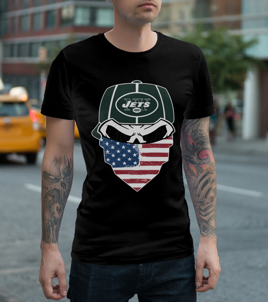 NY Jets Skull With American Flag Bandana T-Shirt