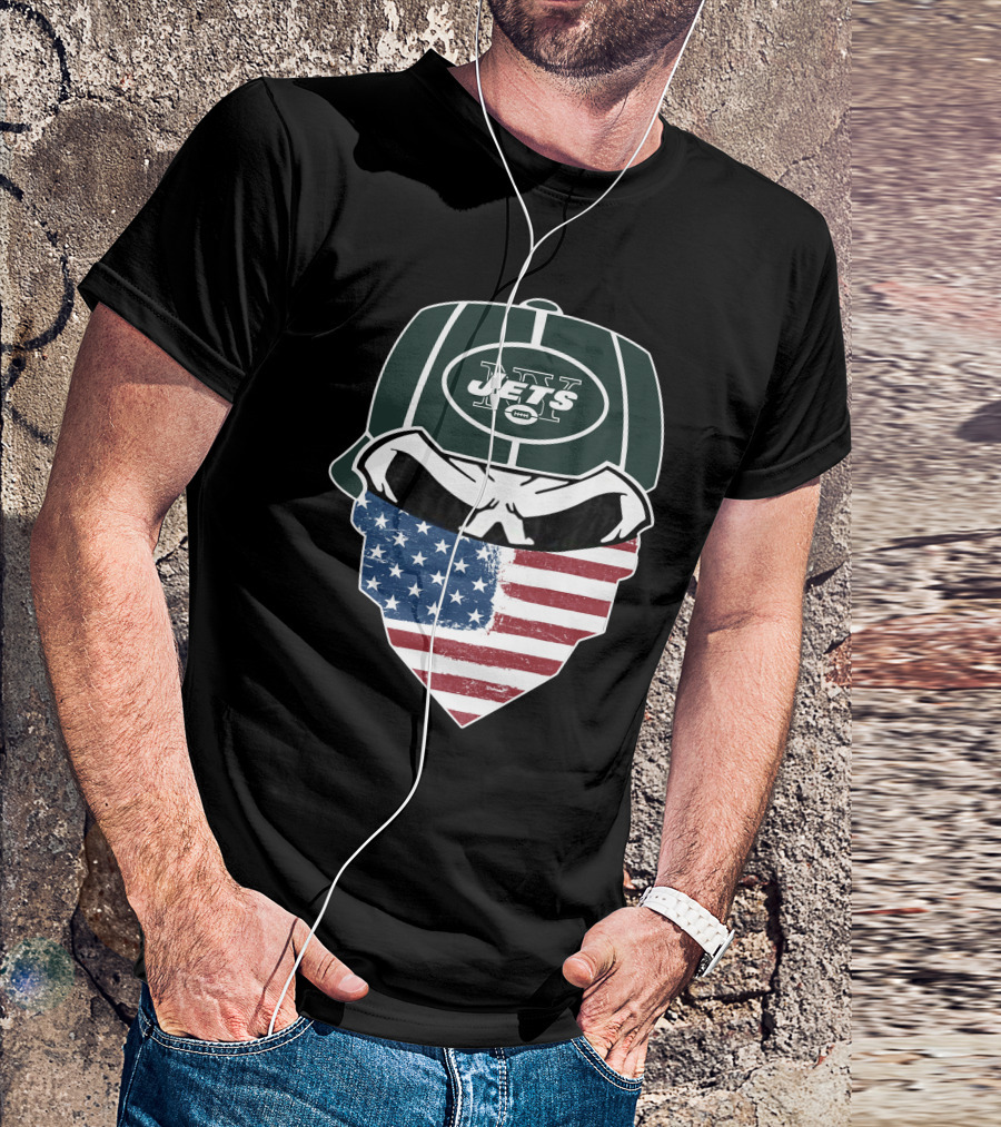 NY Jets Skull With American Flag Bandana T-Shirt