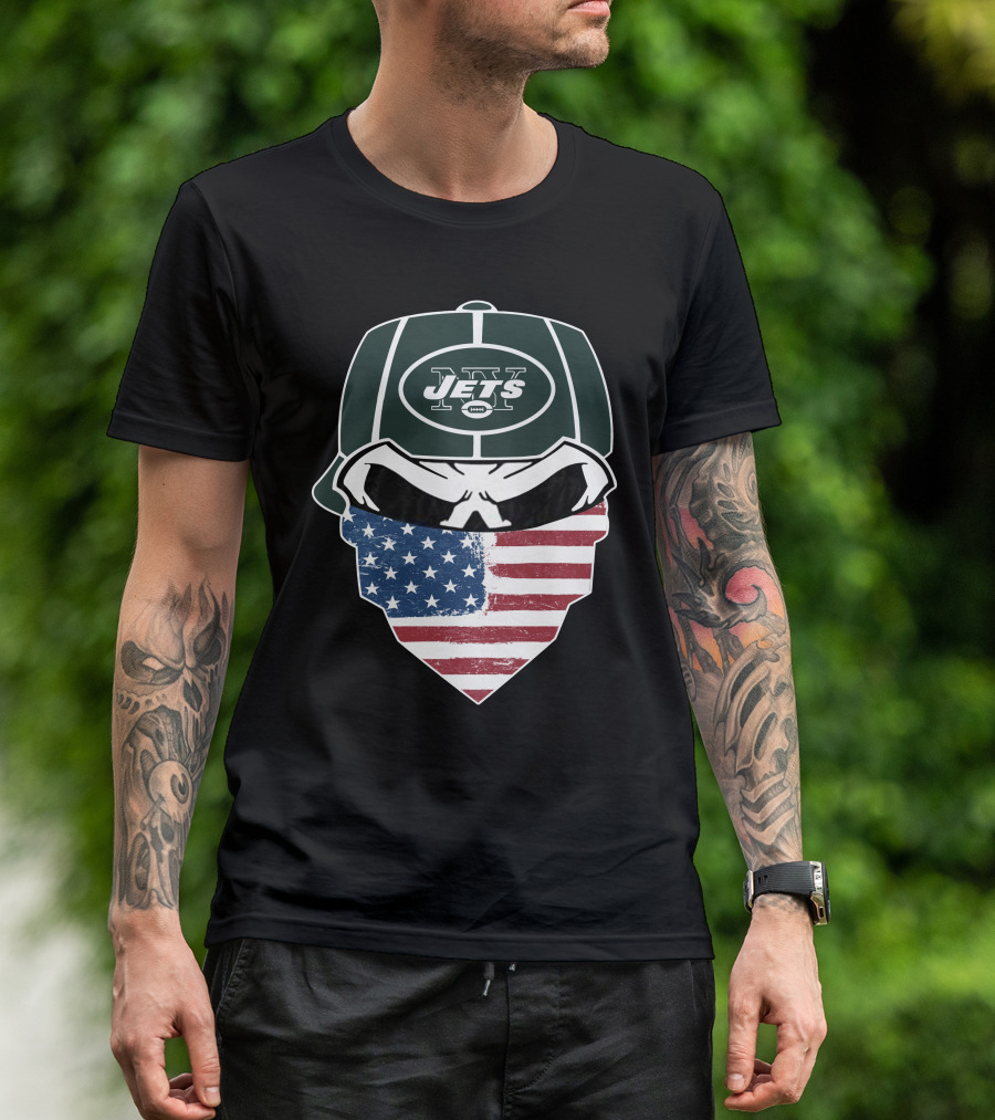 NY Jets Skull With American Flag Bandana T-Shirt