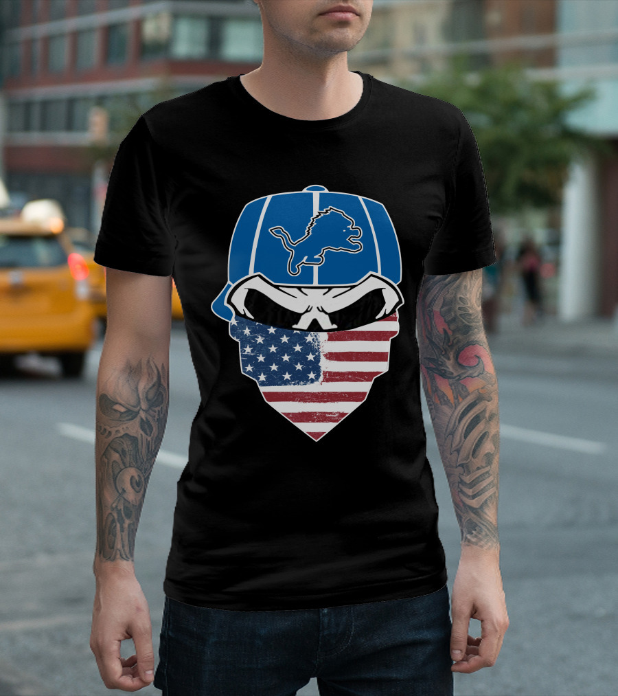Detroit Lions Skull Bandana American Flag T-Shirt