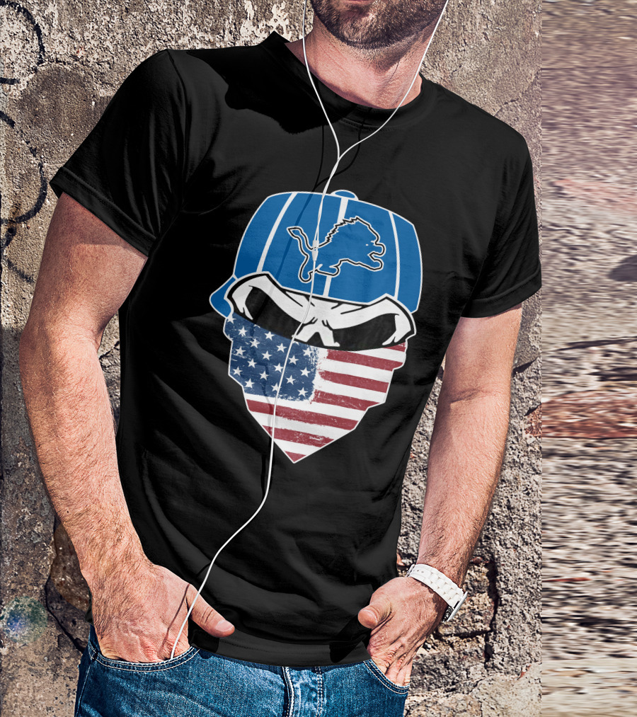 Detroit Lions Skull Bandana American Flag T-Shirt