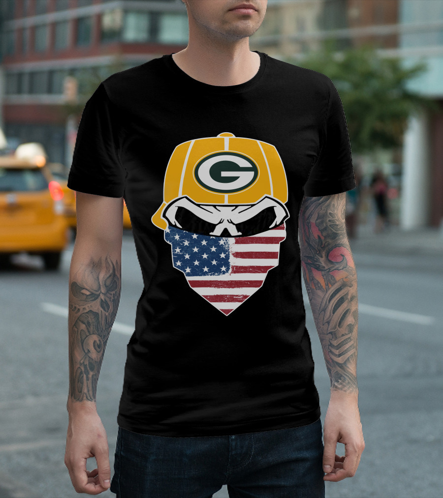 Packers Skull USA Flag Bandana Green Bay Packers Helmet T-Shirt