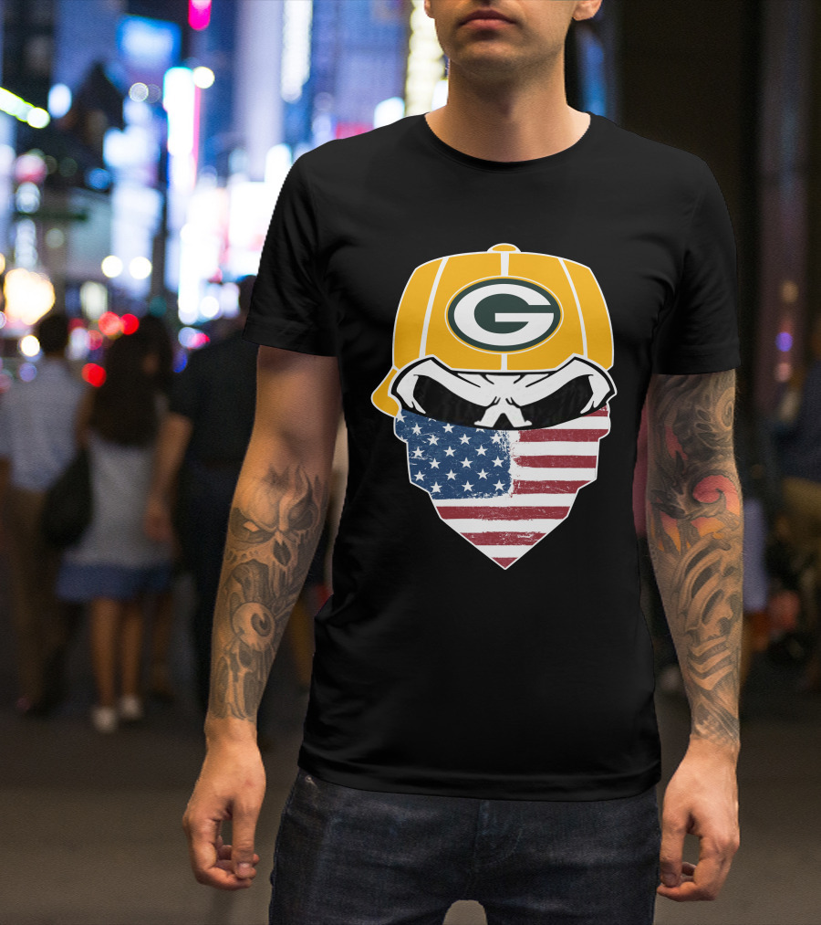 Packers Skull USA Flag Bandana Green Bay Packers Helmet T-Shirt