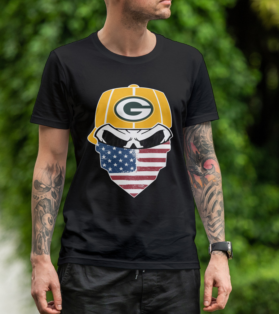 Packers Skull USA Flag Bandana Green Bay Packers Helmet T-Shirt
