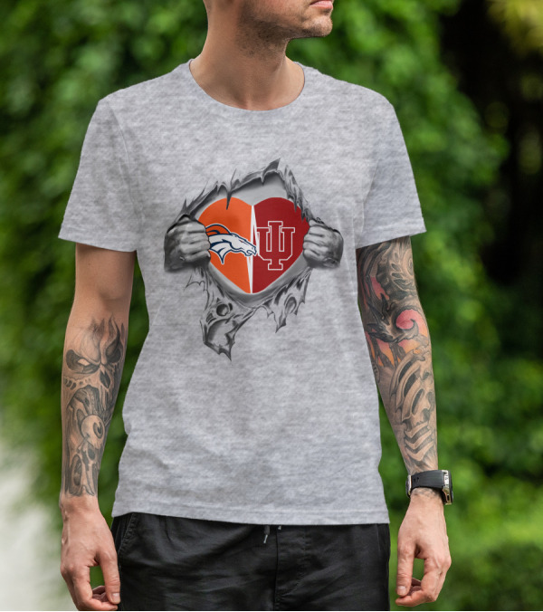 Denver Broncos Indiana Hoosiers Heart Symbol With Team Logos T-Shirt