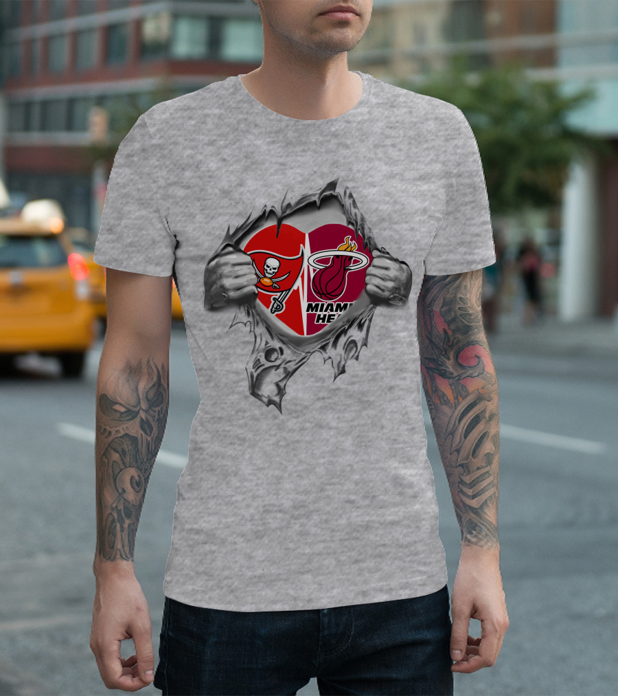 Tampa Bay Buccaneers Miami Heat Logos Heart Motif T-Shirt