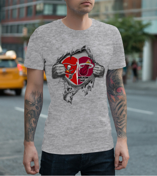 Tampa Bay Buccaneers Miami Heat Logos Heart Motif T-Shirt