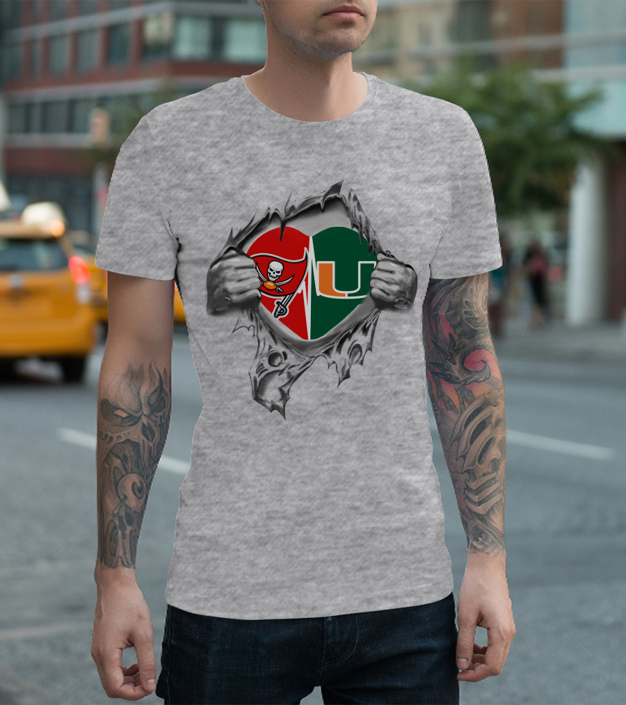 Tampa Bay Buccaneers Miami Hurricanes Heart Logo Fusion T-Shirt