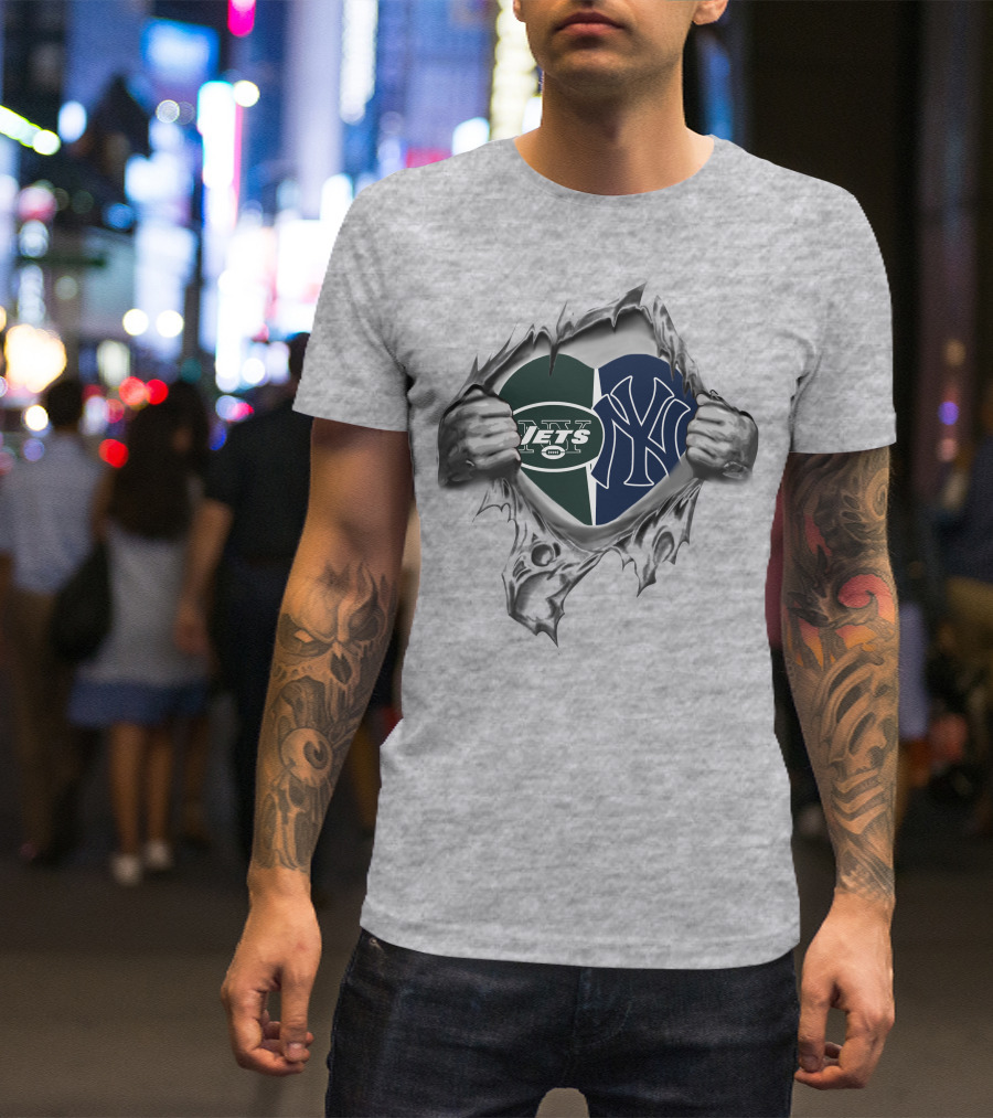 New York Jets Yankees Heart Symbol Logo Fusion T-Shirt