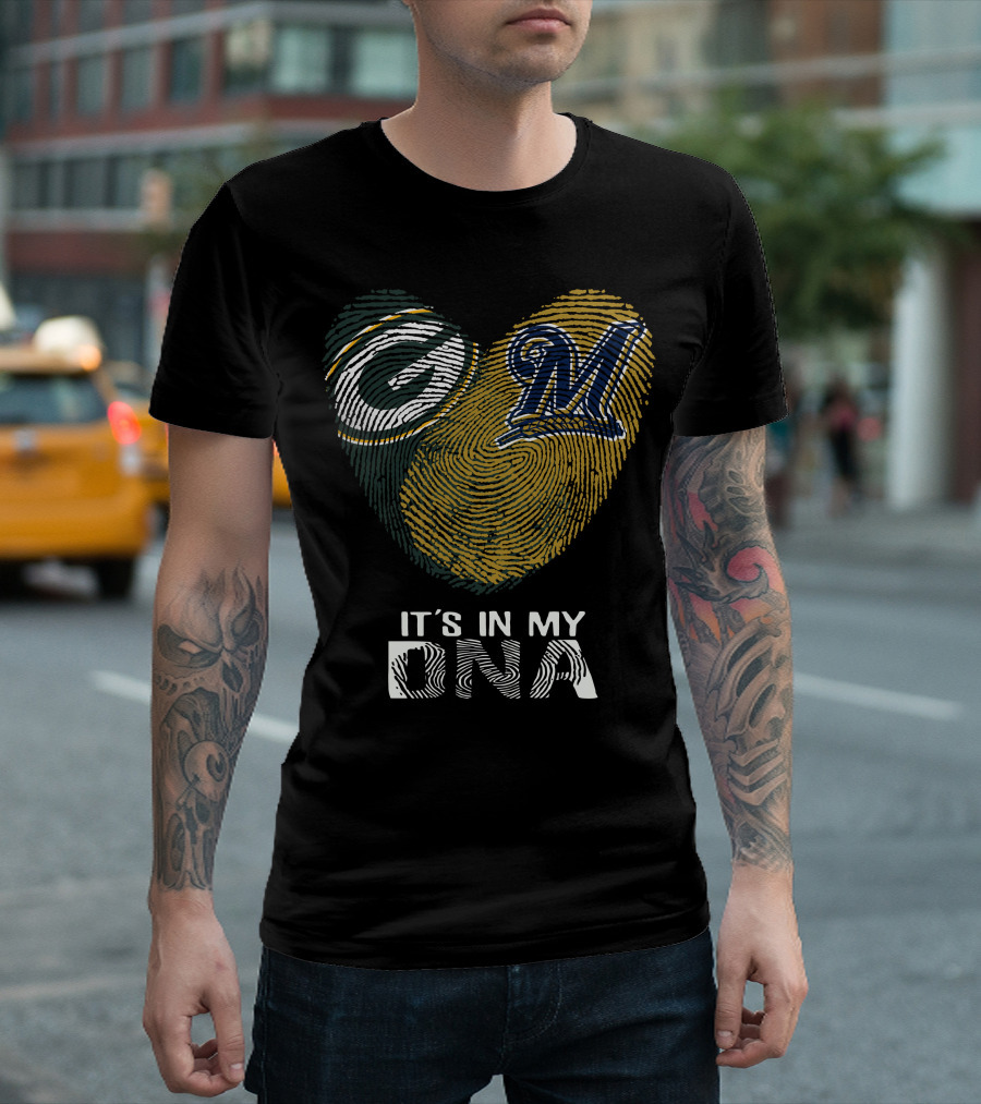 Packers Brewers It's In My Dna Heart Logo Fingerprint T-Shirt