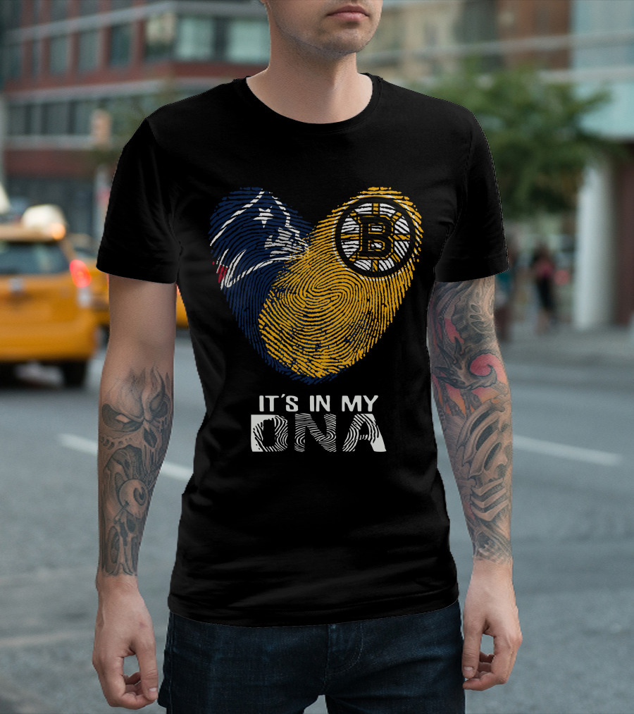 It's In My DNA Patriots Bruins Fingerprint Heart T-Shirt