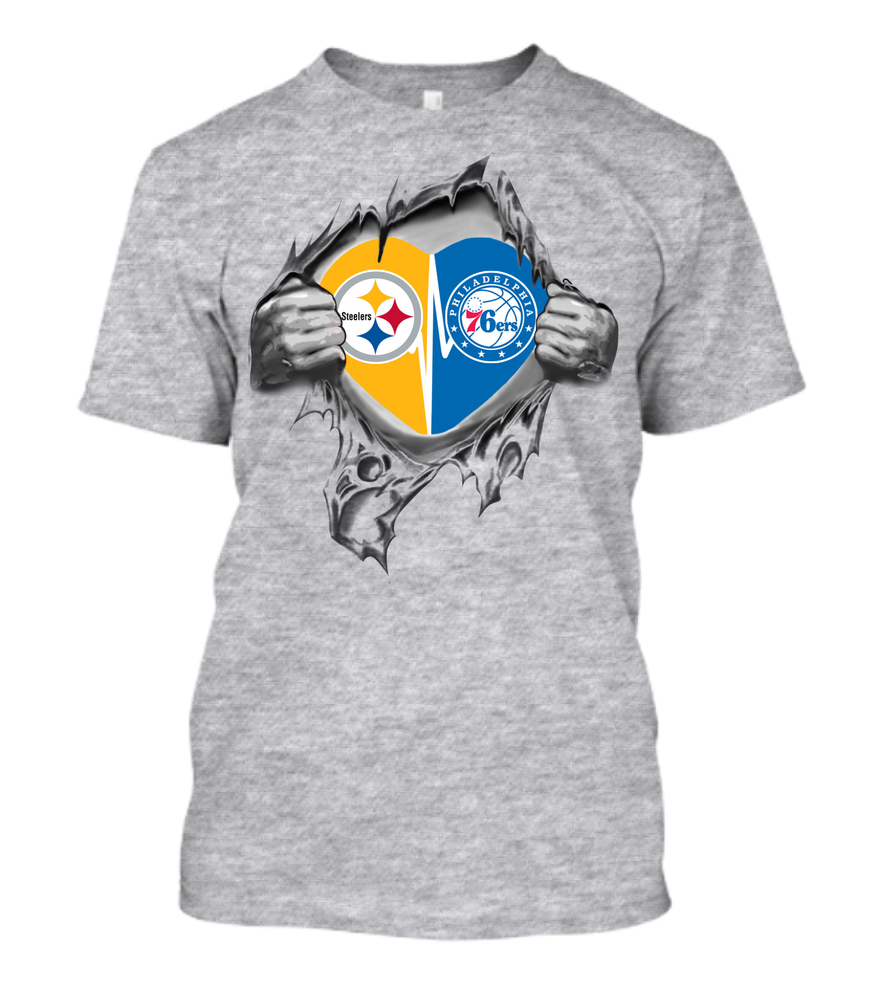 Steelers 76Ers Philadelphia Heart Logos Hidden Behind Rip Effect T-Shirt