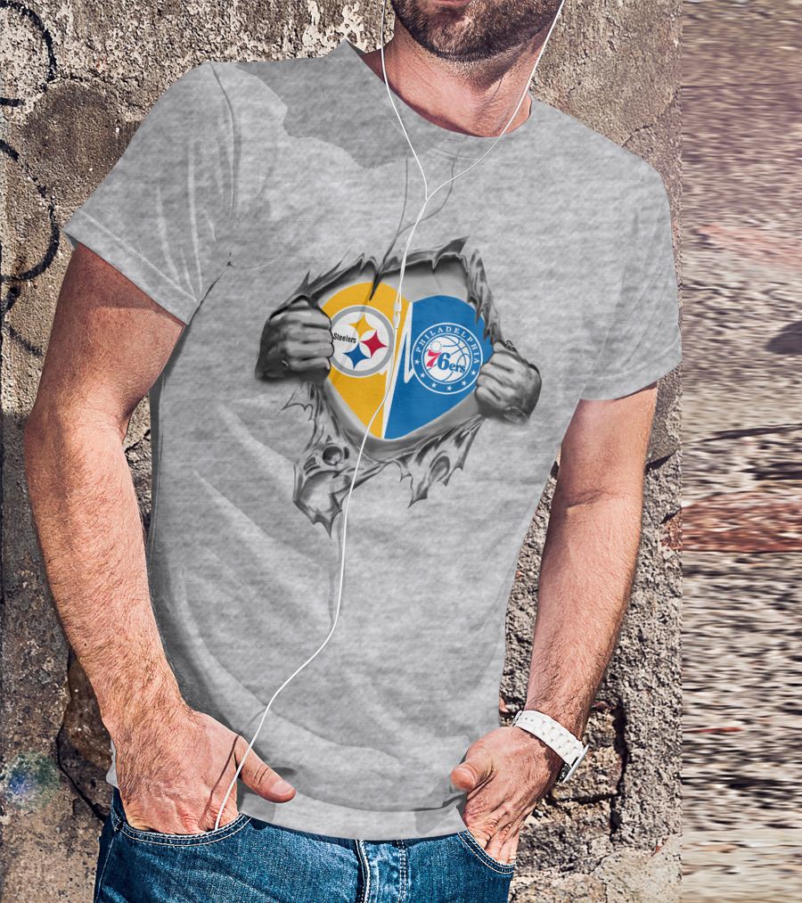 Steelers 76Ers Philadelphia Heart Logos Hidden Behind Rip Effect T-Shirt