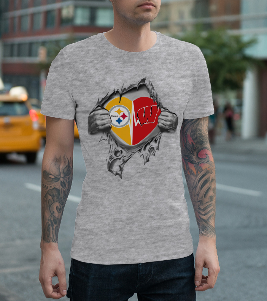 Steelers Badgers Heart with Logos in Torn T-Shirt