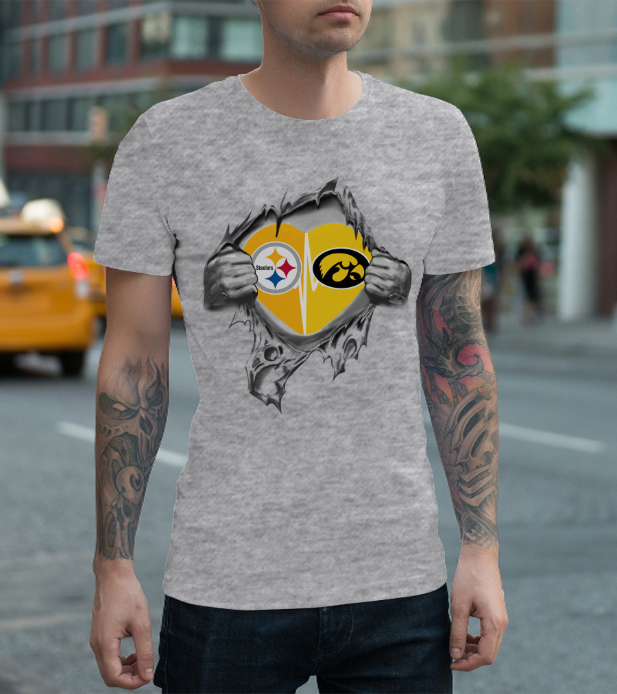Steelers Hawkeyes Heartbeat Inside Layered Heart T-Shirt