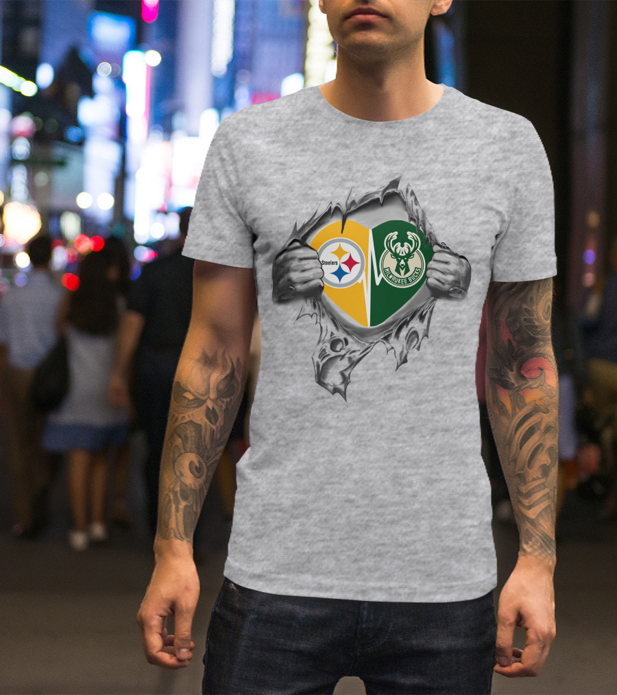 Steelers Milwaukee Bucks Heart Torn T-Shirt
