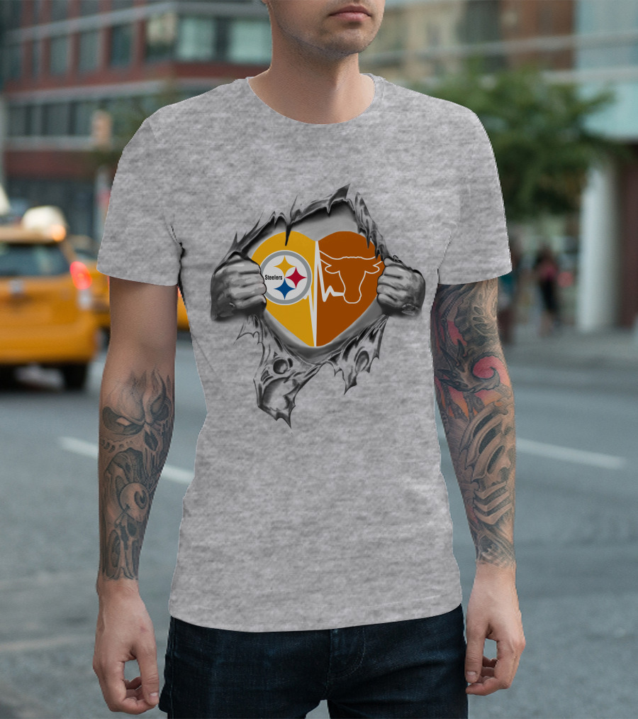 Steelers Longhorn Dual Heart Design with Team Logos in My Heart T-Shirt