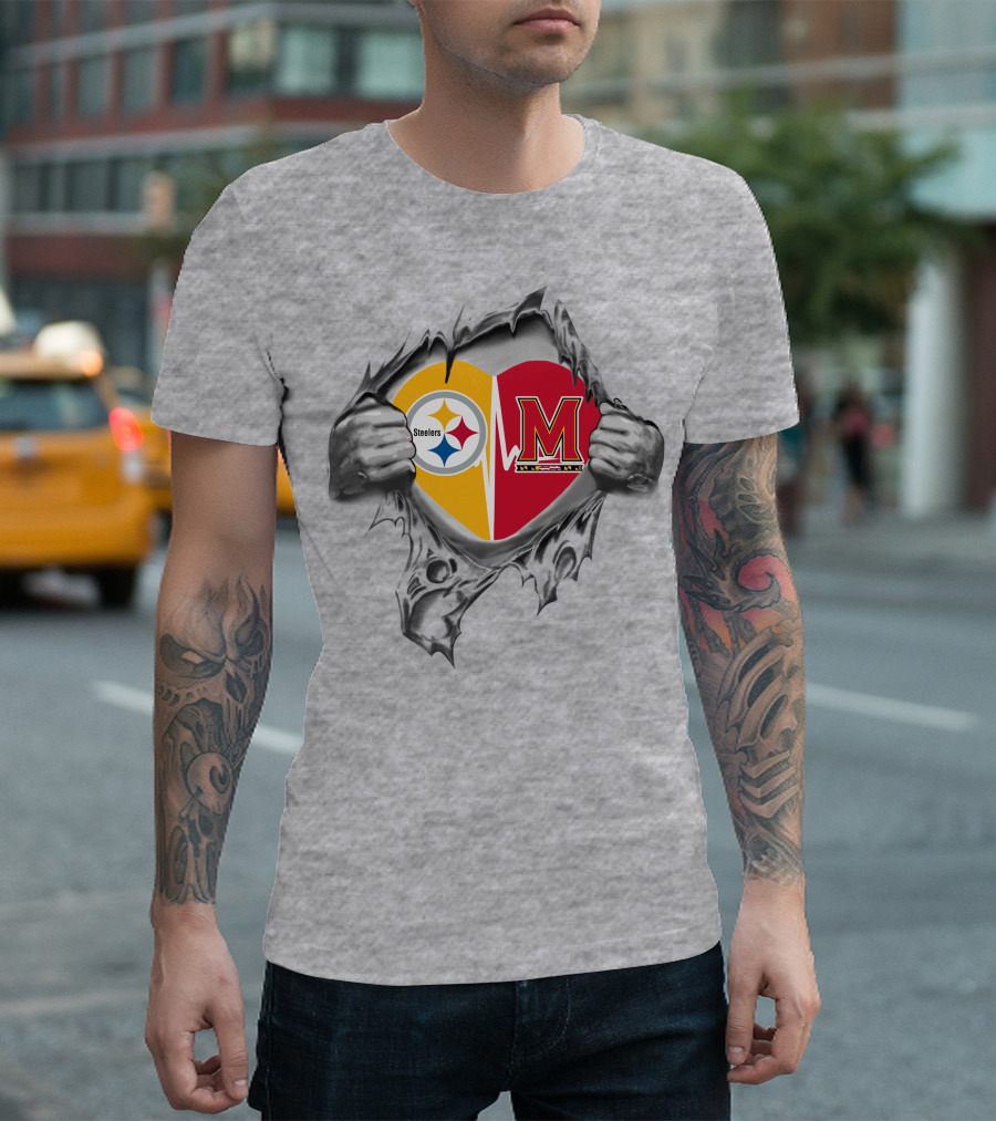 Steelers Maryland Heartbeat With Steelers And Maryland Terrapins Heart T-Shirt
