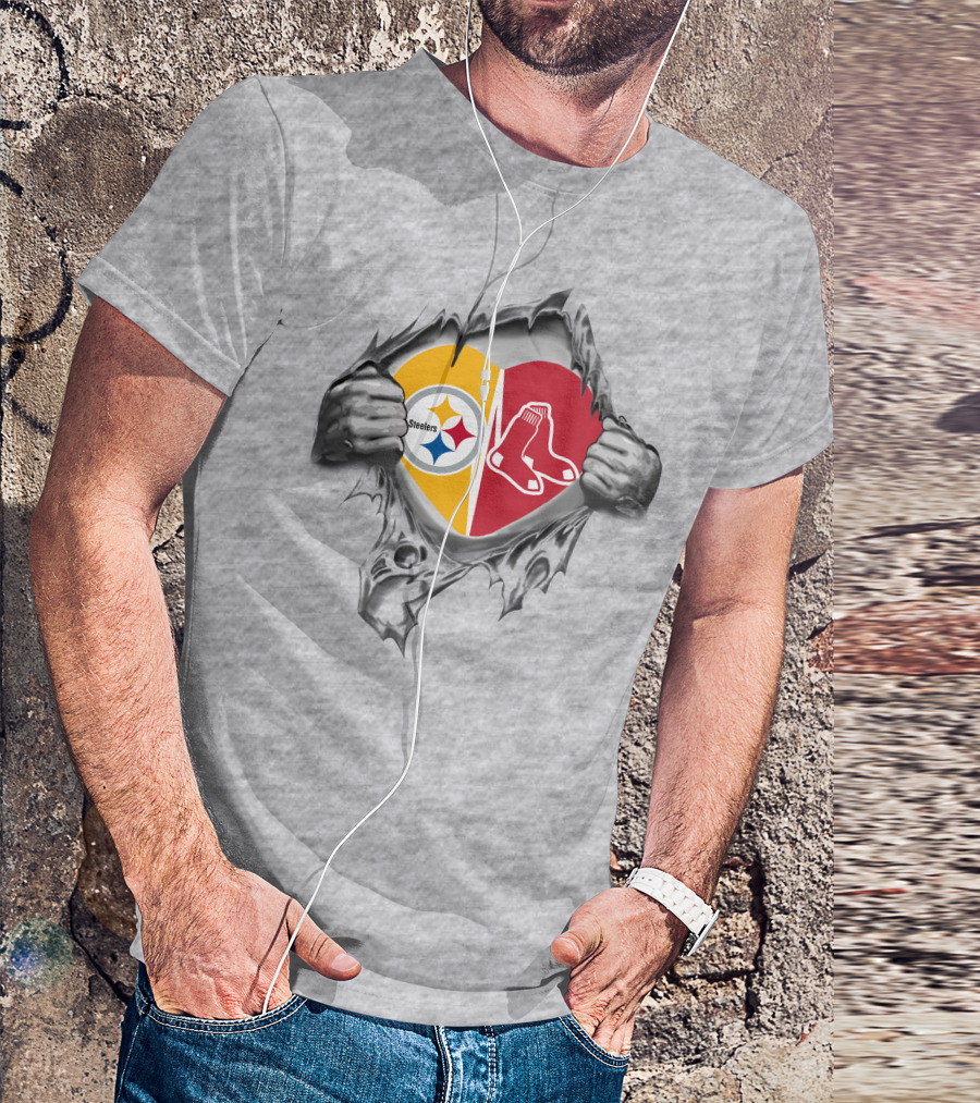 Steelers Redsox Heart Logos Torn Background T-Shirt
